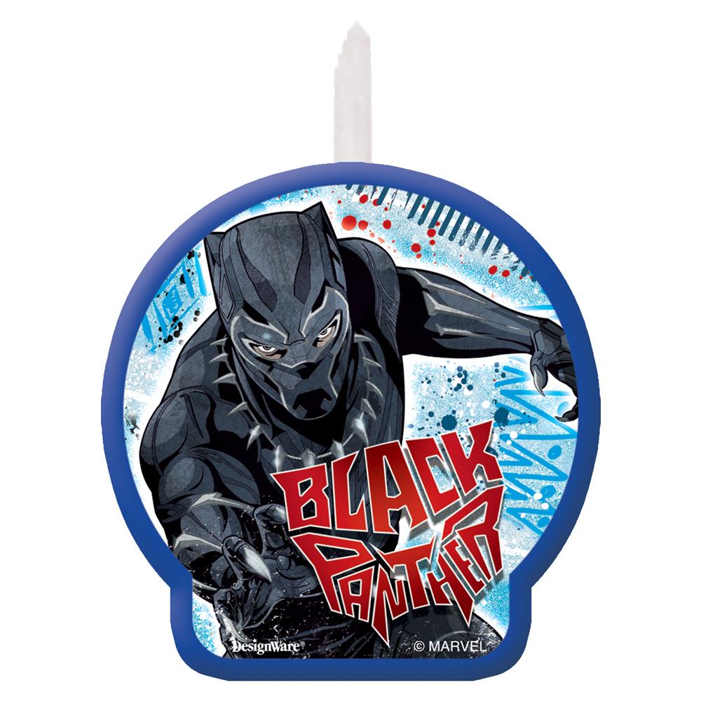 Black Panther birthday candle with blue border and superhero graphic.