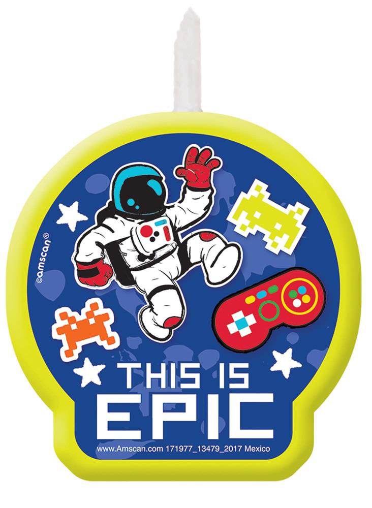 Round yellow candle with astronaut, pixelated aliens, and game controller on blue background, text "This is epic".