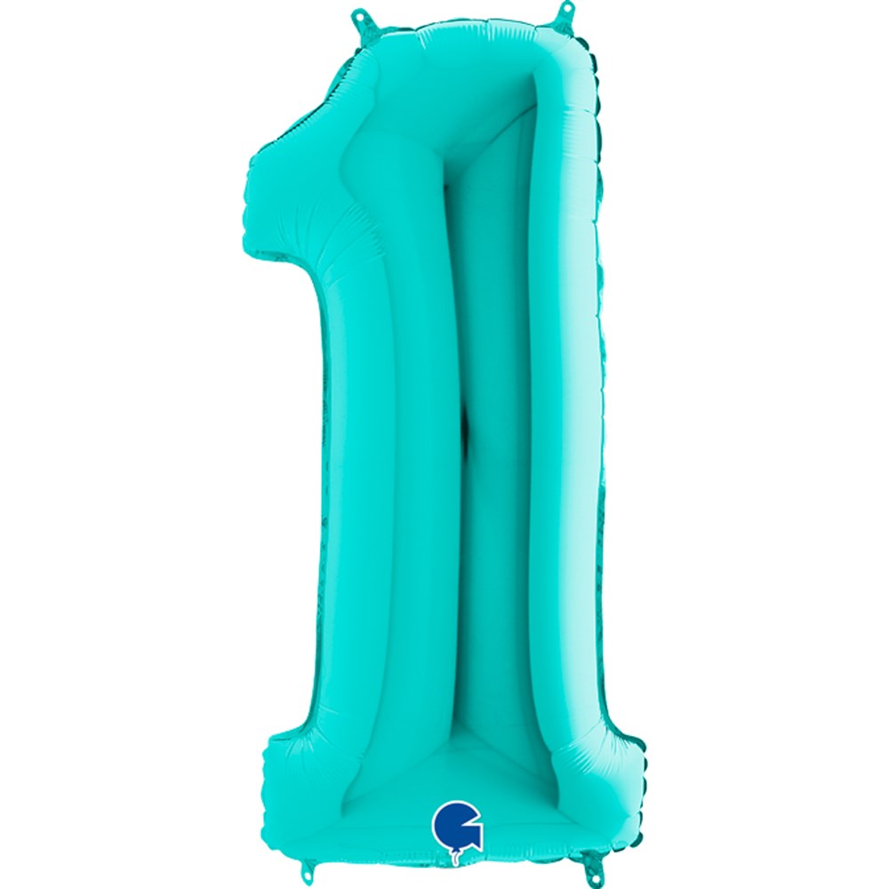 Jumbo number 1 foil balloon in Tiffany blue, 40-inch inflated party decoration.