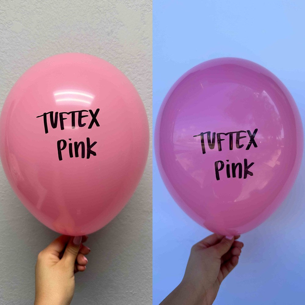 Two 17-inch pink latex balloons, one light rose and one translucent rose, both with Tuftex Pink branding.