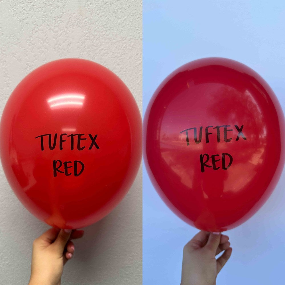 Two shiny red 17-inch latex balloons with "TUF-TEX RED" printed in black, round shape.