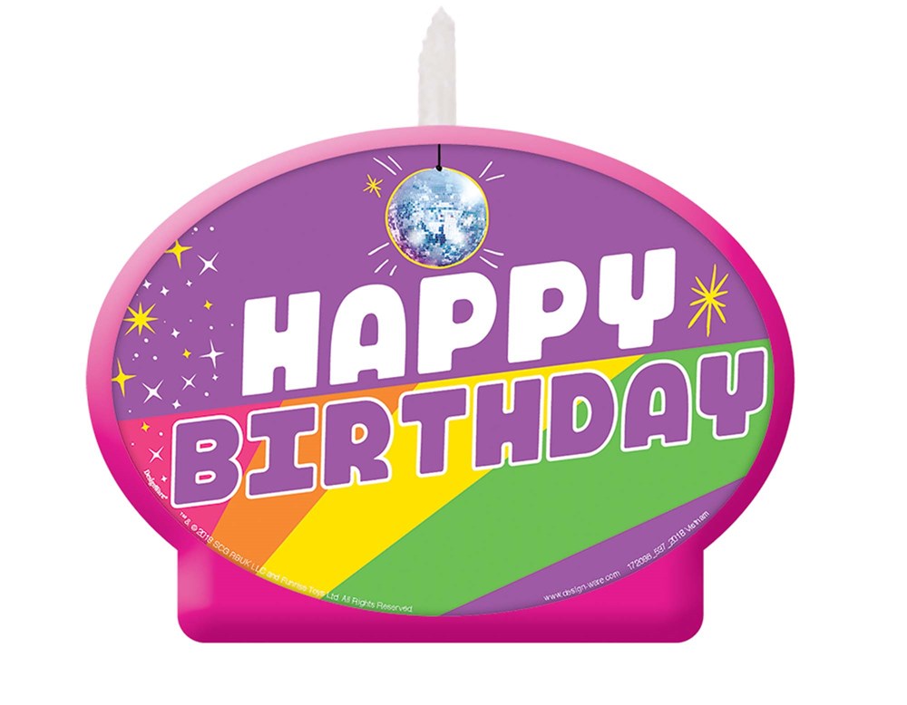 Purple rounded birthday candle with white "Happy Birthday" text and rainbow stripes below.