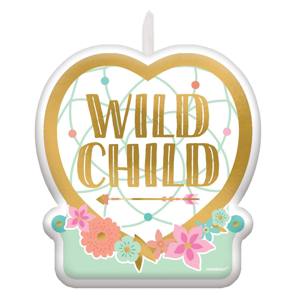 Heart-shaped candle with gold "Wild Child" text, pastel dreamcatcher, and colorful floral accents.