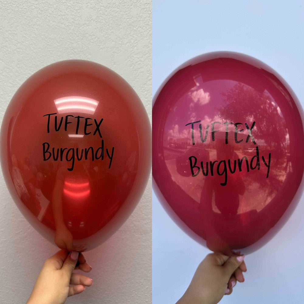 Two 17-inch glossy latex balloons in burgundy shades with "TUF-TEX Burgundy" printed on them, one slightly more red and the.