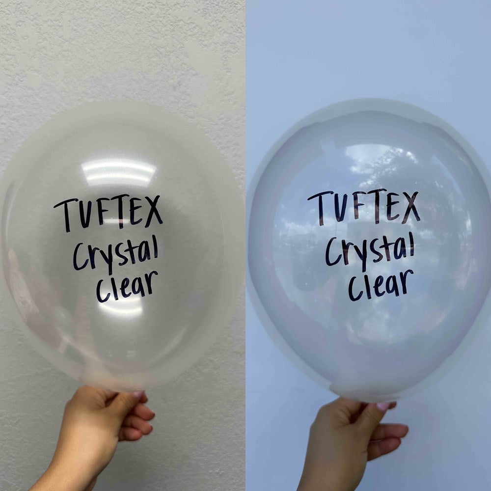 Two 17-inch clear latex balloons with black "Tuftex Crystal Clear" text, one held against a white wall, one against a blue.