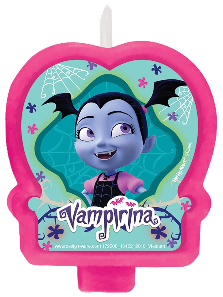 Pink Vampirina birthday candle with character illustration and cobweb background.