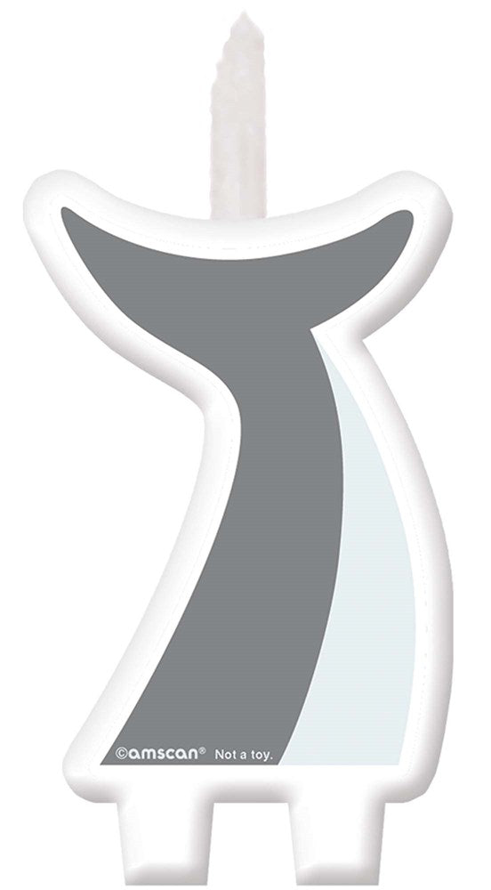 Gray and white whale tail birthday candle with a wick on top and two small feet at the bottom.