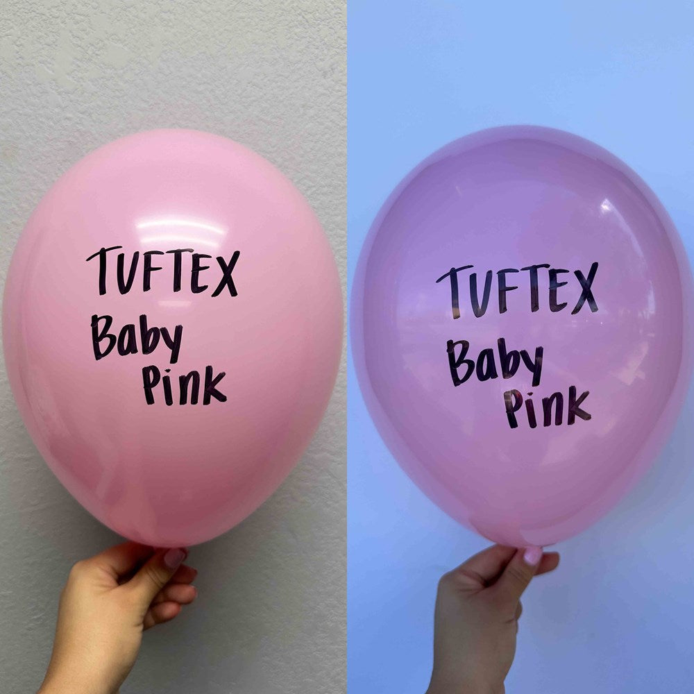 Two 17-inch baby pink latex balloons with "Tuftex Baby Pink" text, held by hand against light backgrounds.