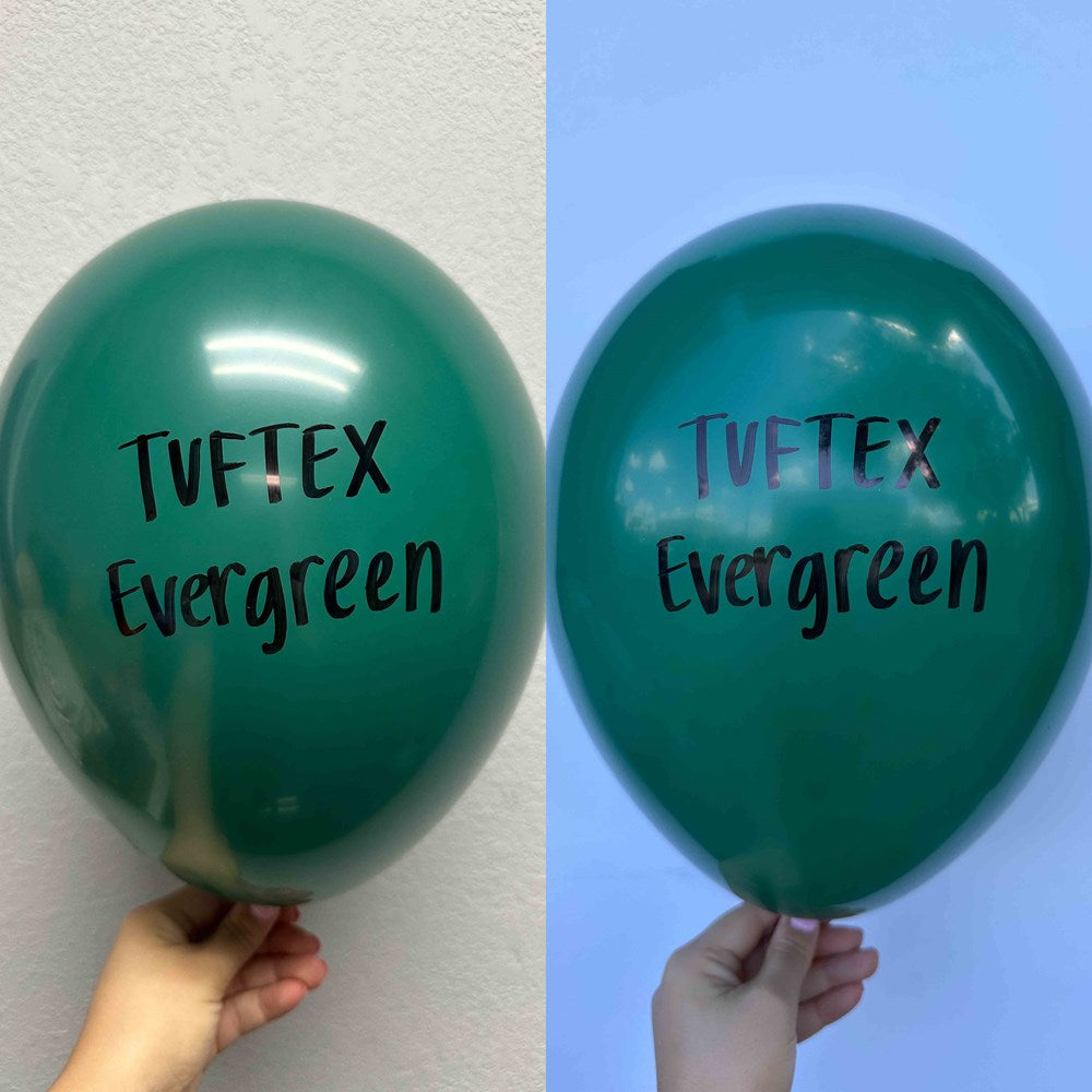 Green latex balloons, 17 inch, with black "TUFtex Evergreen" text, round shape, glossy finish.