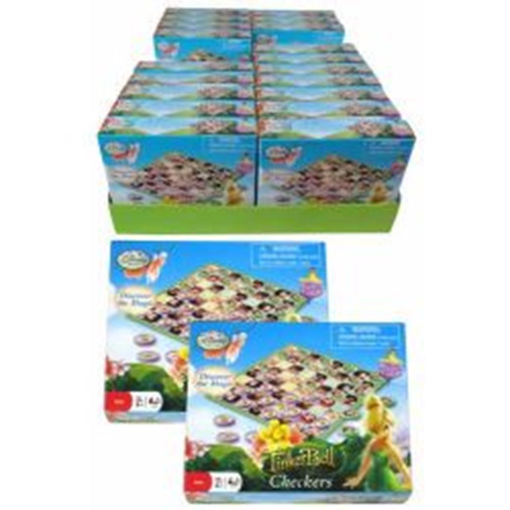 Tinkerbell-themed wooden checker and tic tac toe game set with colorful board and character illustrations in blue packaging.