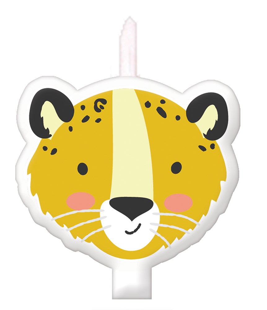 Yellow and brown leopard face birthday candle with black spots and pink cheeks.