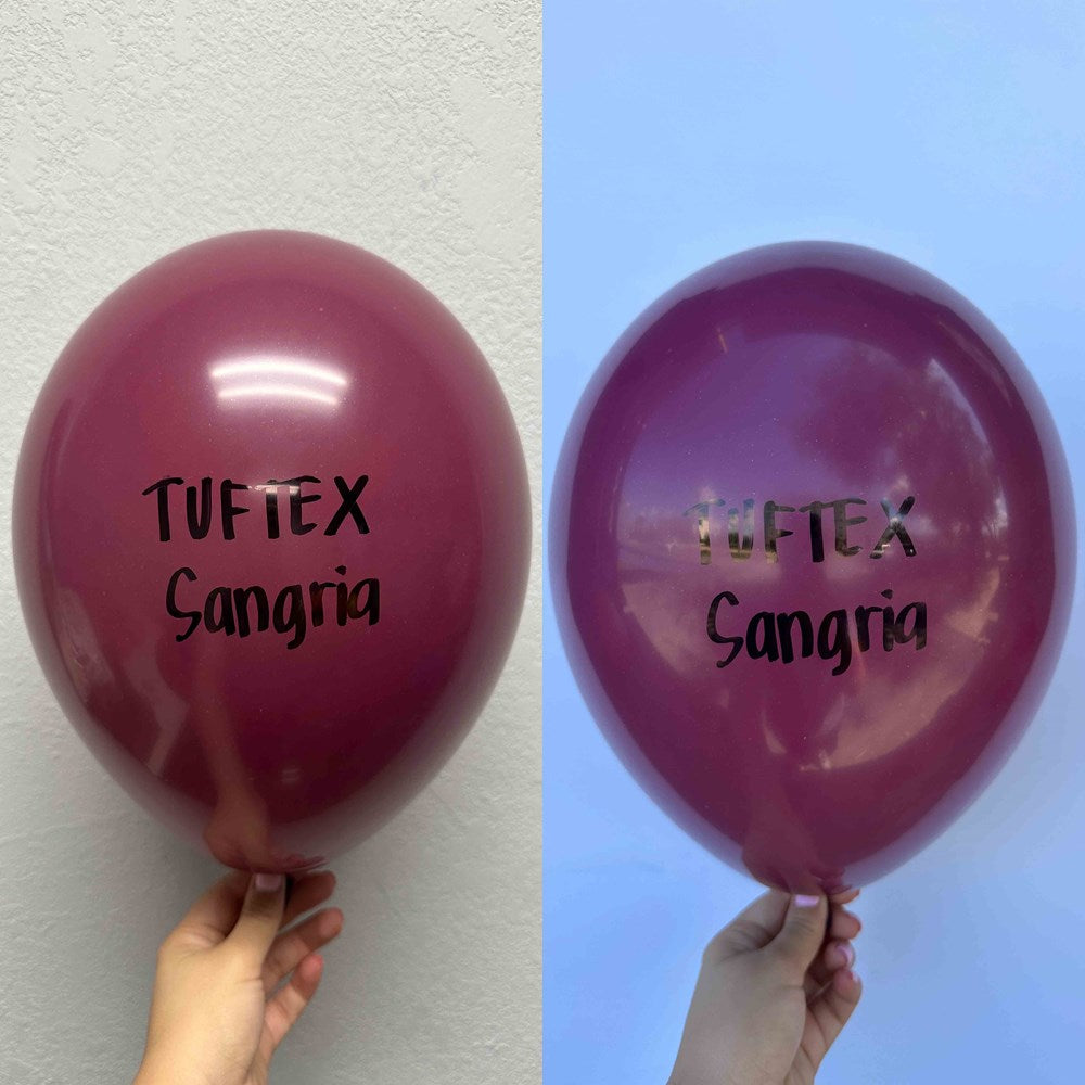Set of two 17-inch deep red latex balloons with Tuftex Sangria logo printed in black.