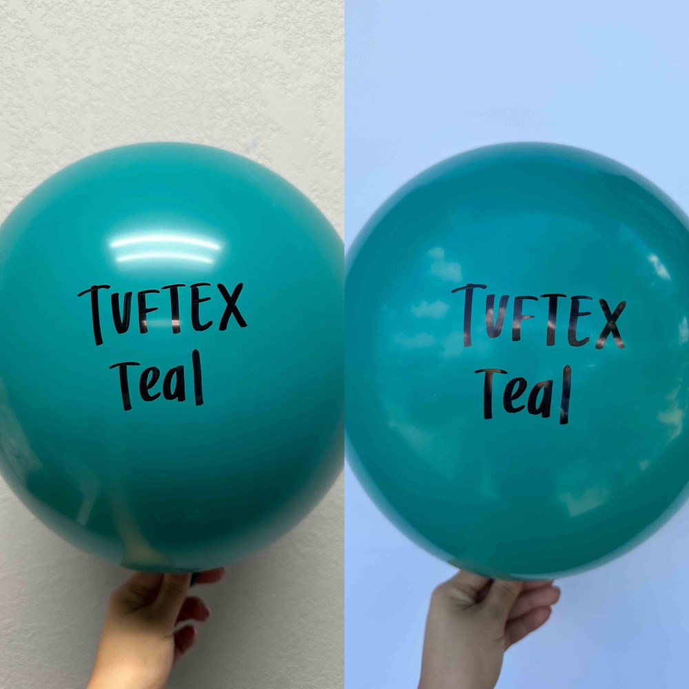 Glossy teal latex balloons inflated to a round 17-inch size with Tuftex Teal branding in black text.