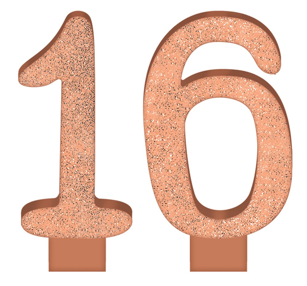 Blush pink glitter numeral candles shaped as 1 and 6 with flat bases for cake decoration.