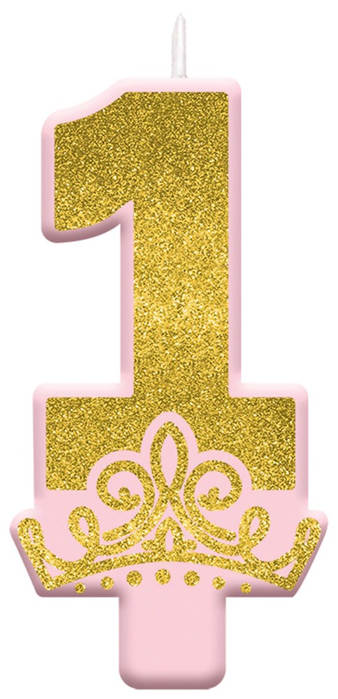 Pink and gold glitter number 1 candle with a princess crown design at the base.