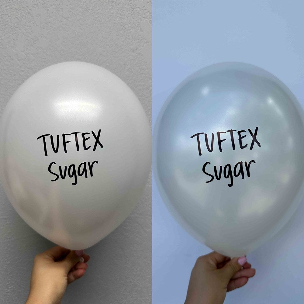 Two 17-inch white latex balloons, shiny finish, each with "TUF-TEX Sugar" printed in black text.