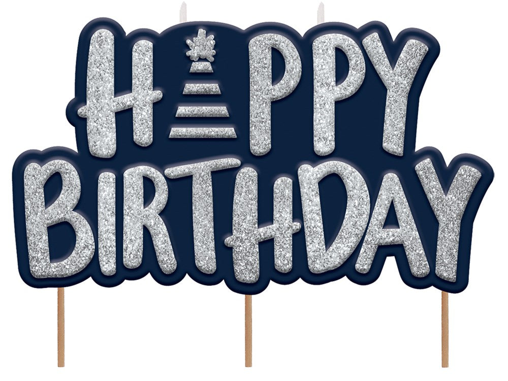 Silver glitter "Happy Birthday" cake pick with a party hat design on a navy blue background and two wooden sticks for.
