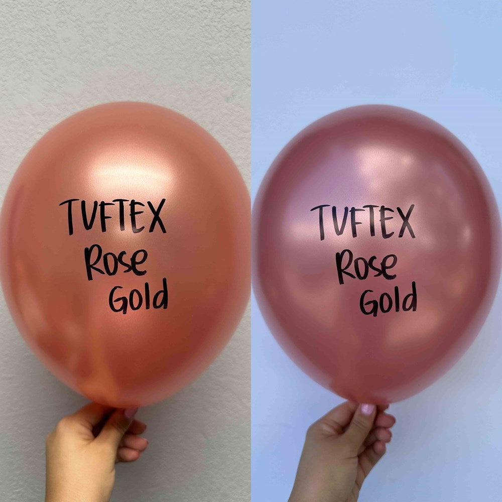 Two 17-inch metallic rose gold latex balloons with "TUF TEX Rose Gold" printed in black, held against plain backgrounds.