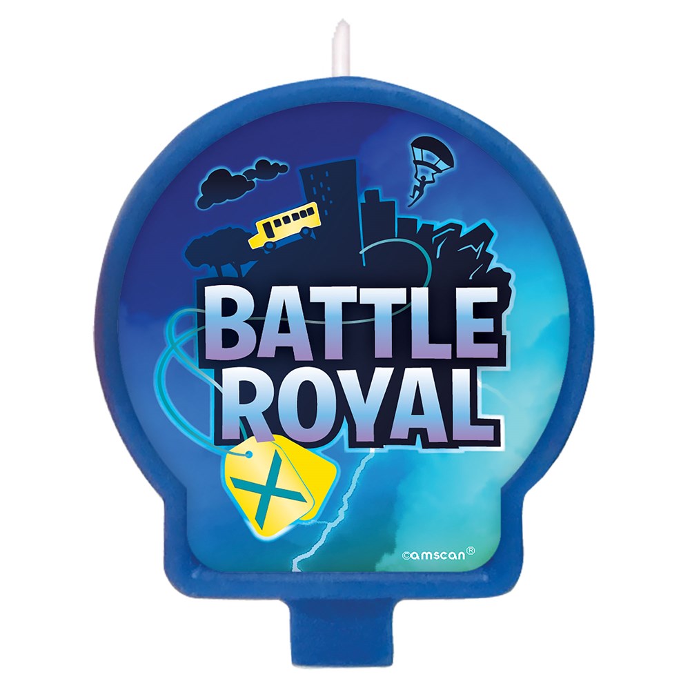 Blue Battle Royal birthday candle with city skyline and parachuting supply box design.