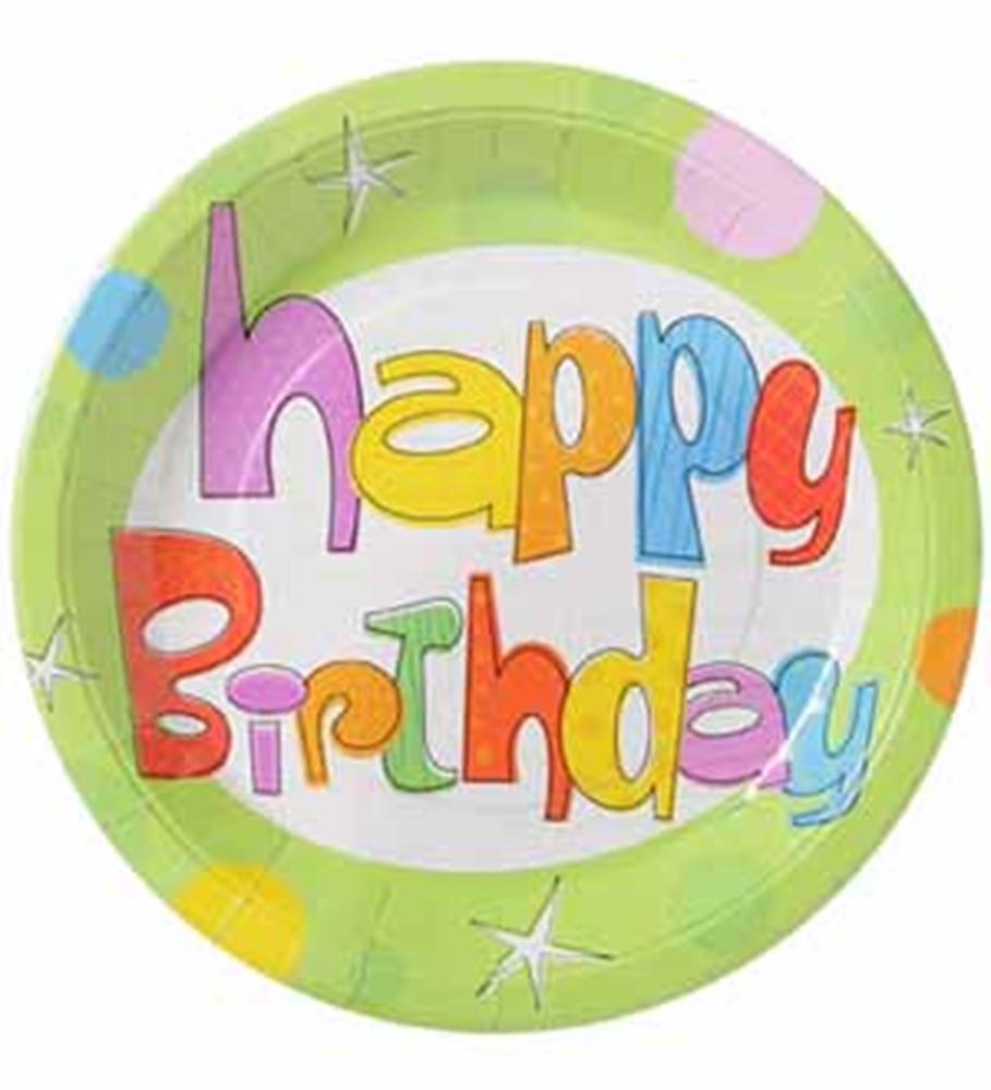 Round paper plate with bright green rim, colorful "Happy Birthday" text in playful fonts, and scattered polka dots and stars.
