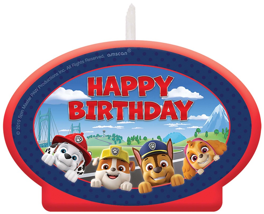 Oval red birthday candle with white wick, featuring Paw Patrol characters and "Happy Birthday" text in bold red letters.