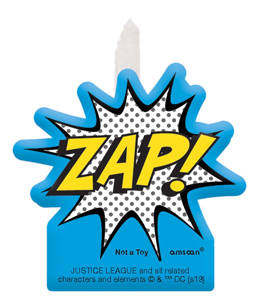 Set of four Justice League birthday candles featuring comic-style "ZAP!" text in yellow on white burst with blue outline.
