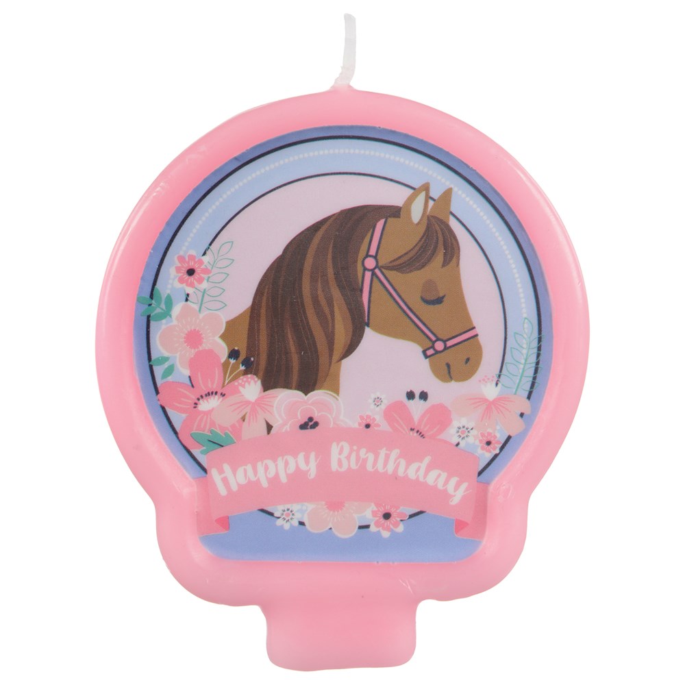 Pink horseshoe-shaped birthday candle with a brown horse illustration and floral accents.