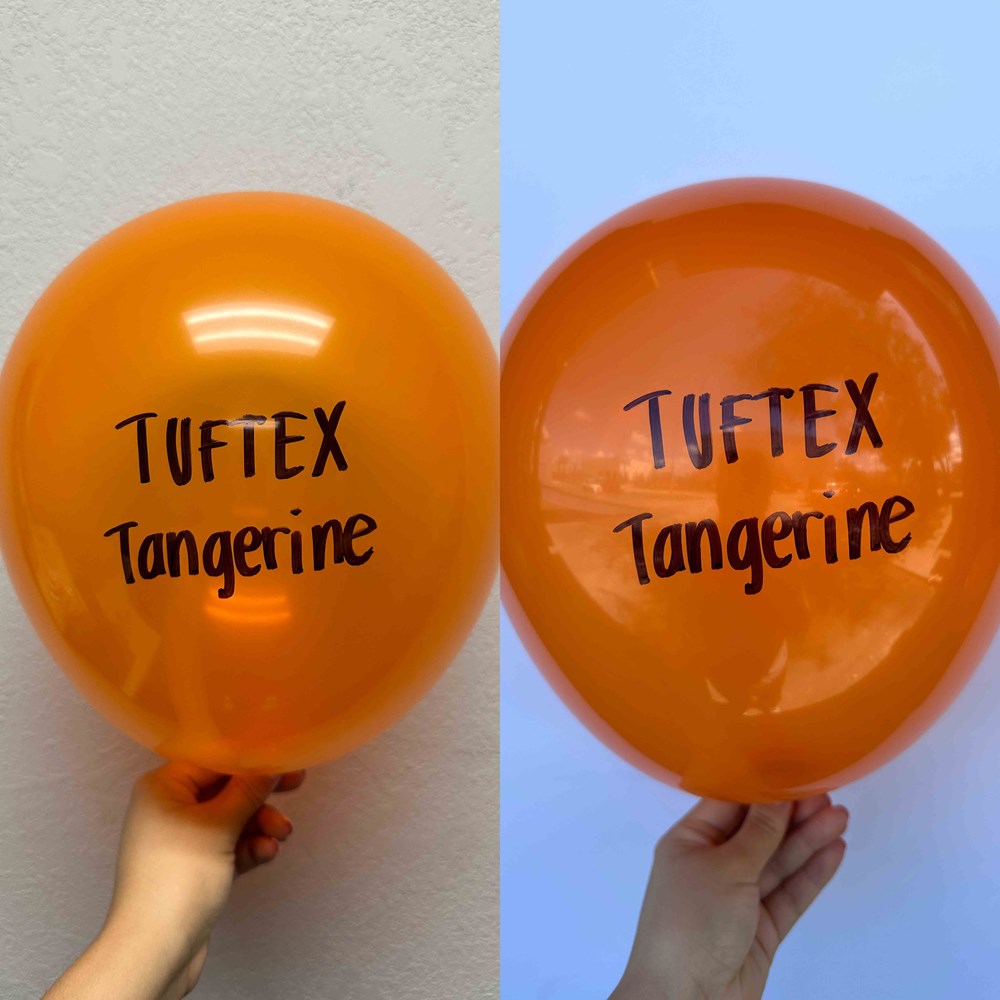 Bright orange latex balloon with black "Tuftex Tangerine" text, round shape, inflated and deflated views.