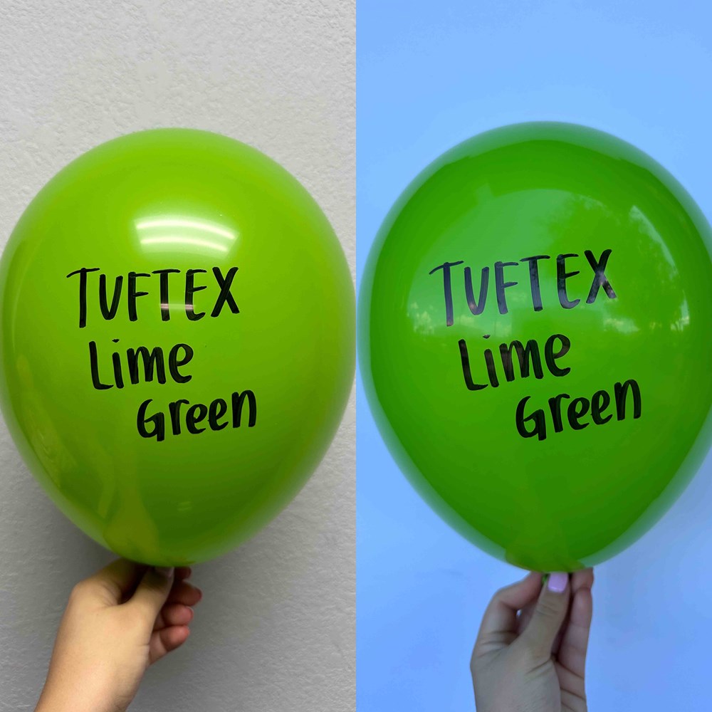 Bright lime green latex balloons, 17 inch, with black "TUF-TEX Lime Green" text printed on them, held against plain.