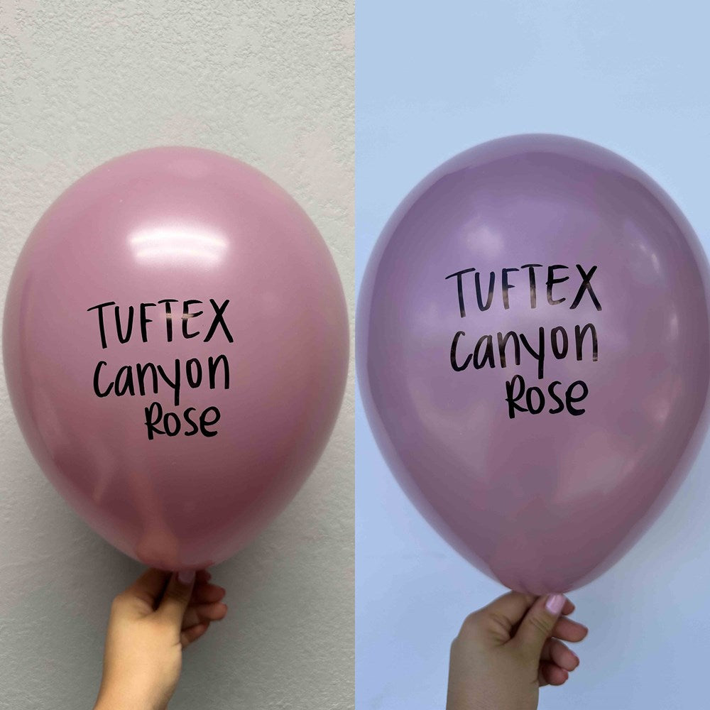 Two 17-inch latex balloons in dusty rose and mauve shades, each with Tuftex Canyon Rose text printed in black.