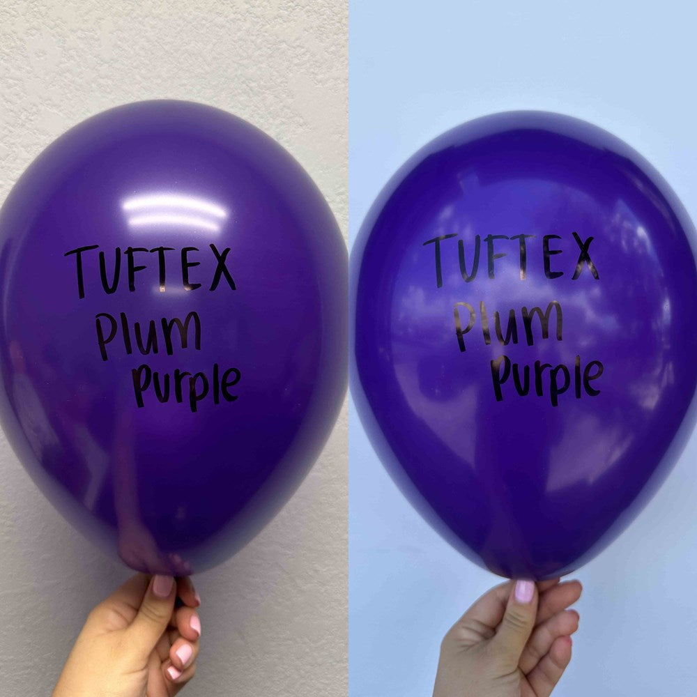 Two shiny plum purple latex balloons, each 17 inches, with black "TUFLEX Plum Purple" text printed on them.