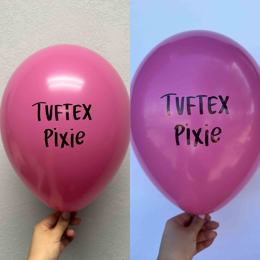 Set of two 17-inch round pink latex balloons with "TVFTEX Pixie" printed in black font.