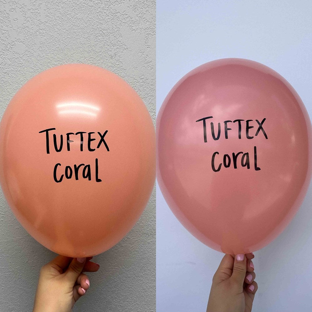 Two 17-inch latex balloons, one coral orange and one dusty pink, both with "Tuftex Coral" printed in black.
