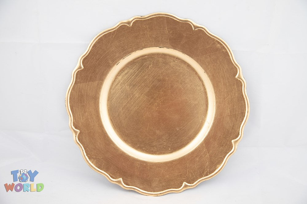 13-inch round charger plate with wavy edges in metallic bronze finish and subtle gold trim.