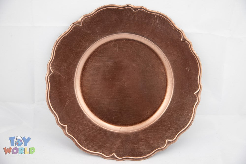 13-inch round charger plate with wavy edge in shiny rose gold plastic.