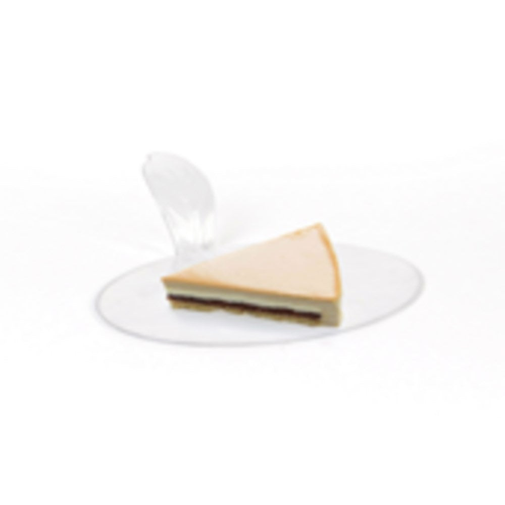 Clear plastic oval dessert plate with a matching small spatula holding a slice of layered cake.