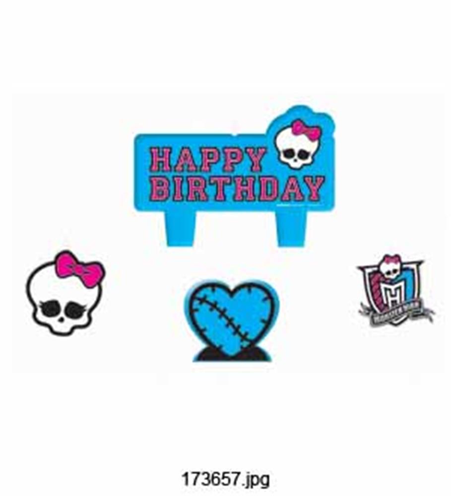 Set of four Monster High birthday candles featuring a blue Happy Birthday sign, skull with pink bow, blue stitched heart,.