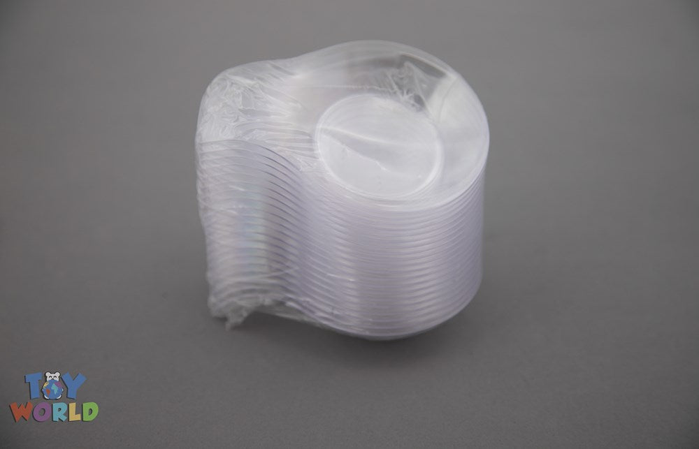 Stack of clear round dessert plates with integrated handles, measuring 2.75 by 3.75 inches, half-inch thick.