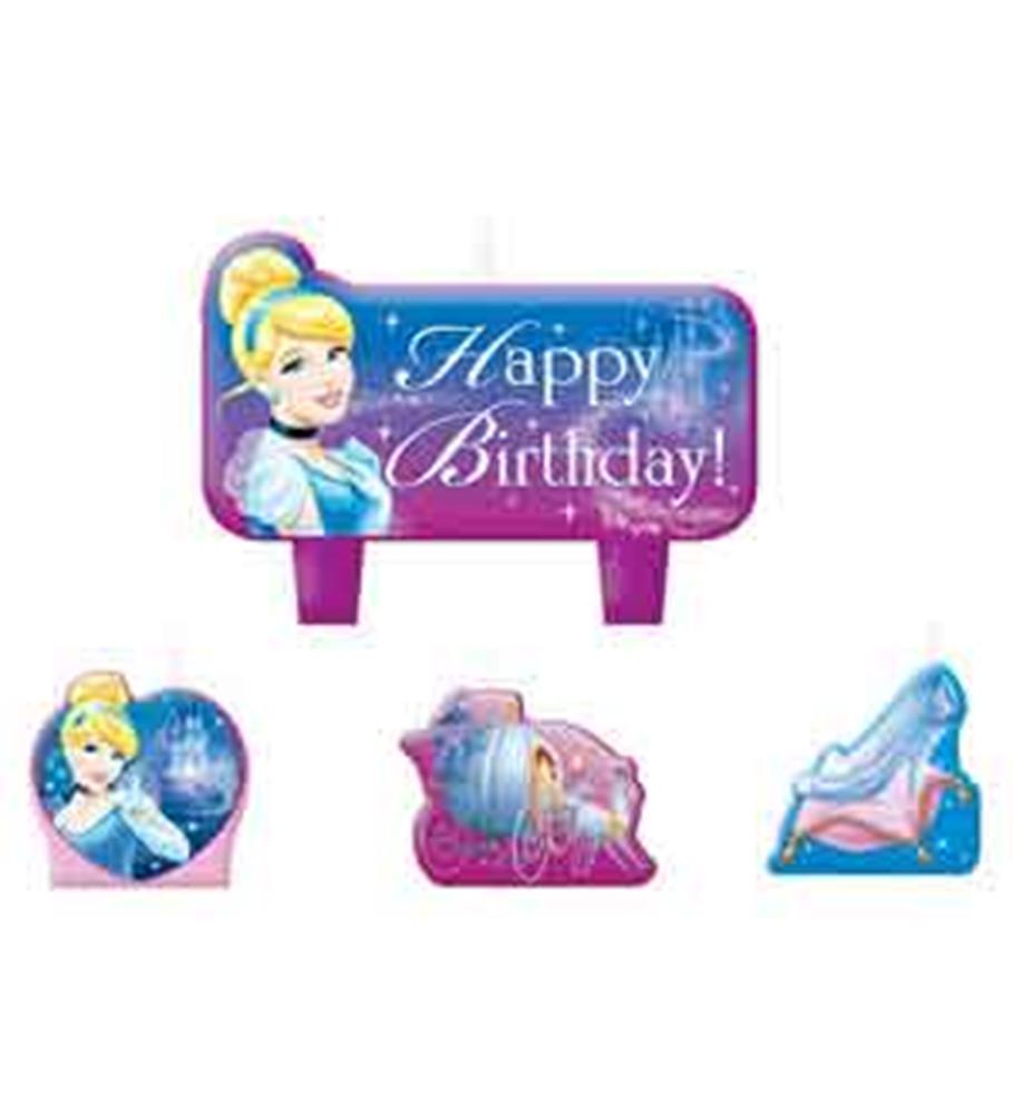 Cinderella-themed mini molded cake candle set with Happy Birthday sign, Cinderella heart, pumpkin carriage, and glass.