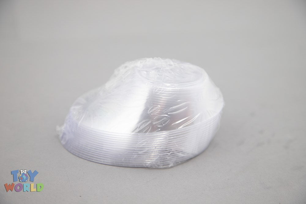 White plastic dessert plates shaped like a small hat, stacked and wrapped in clear plastic.