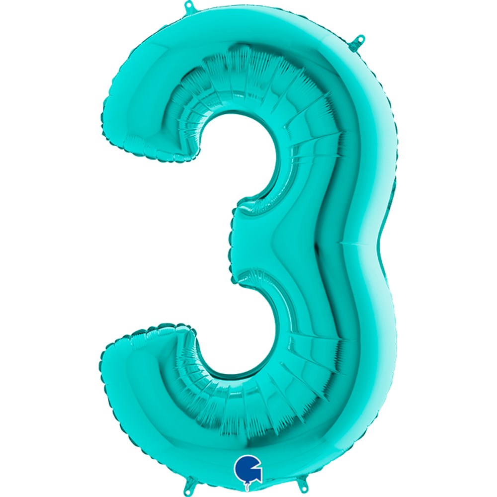 Tiffany blue jumbo foil balloon shaped as the number 3 with a shiny finish.