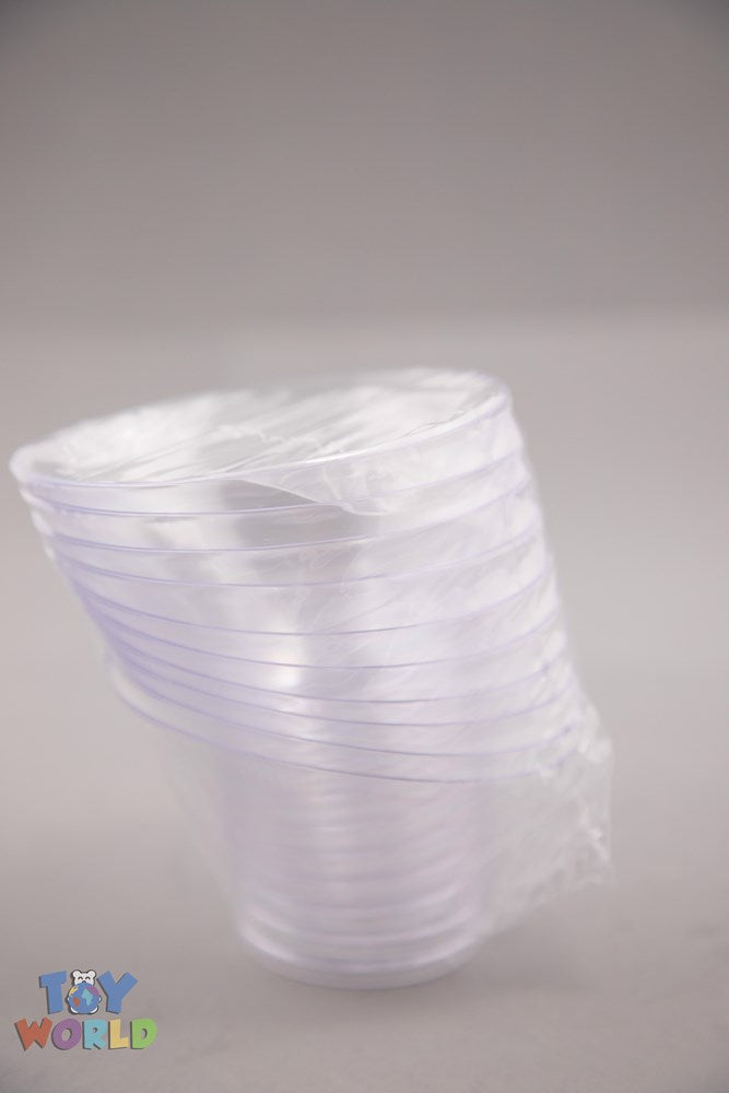 Set of clear oblong plastic dessert bowls with smooth curved edges and ribbed sides.