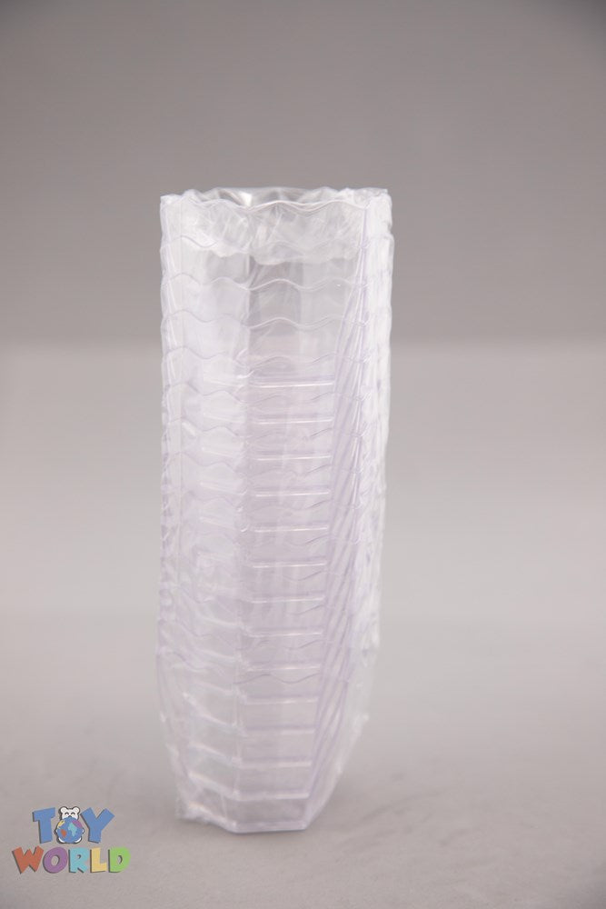 Clear plastic dessert container with scalloped edges and rectangular shape.