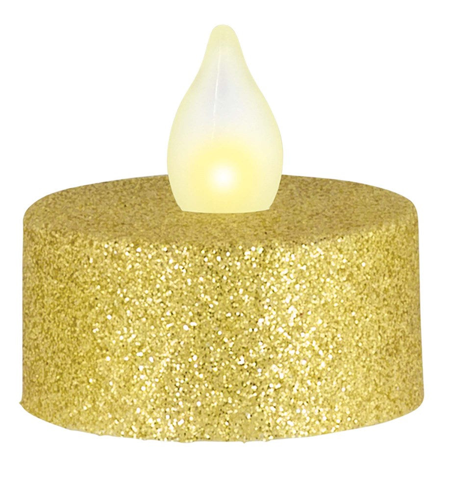 Gold glitter-covered LED tealight candle with a flame-shaped light on top.