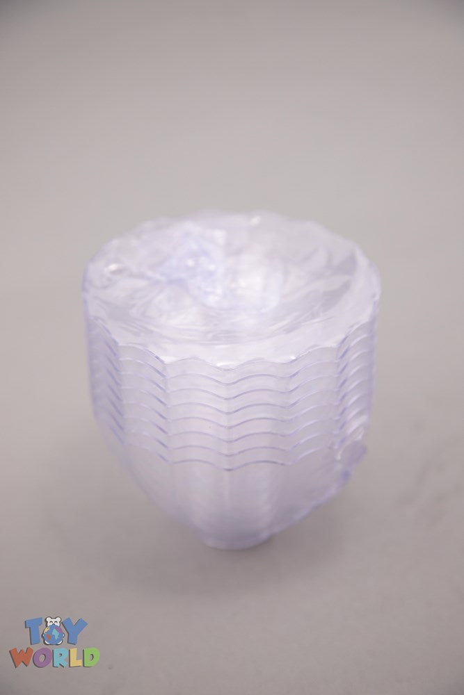 Clear plastic dessert bowl with scalloped edges and a small pedestal stand, stackable design.