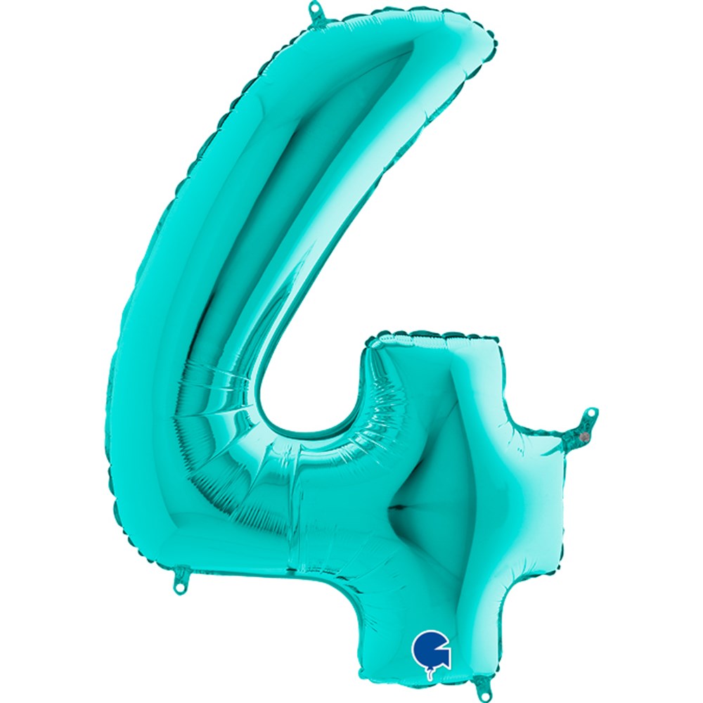 Shiny Tiffany blue foil balloon shaped as the number 4, jumbo 40-inch size.