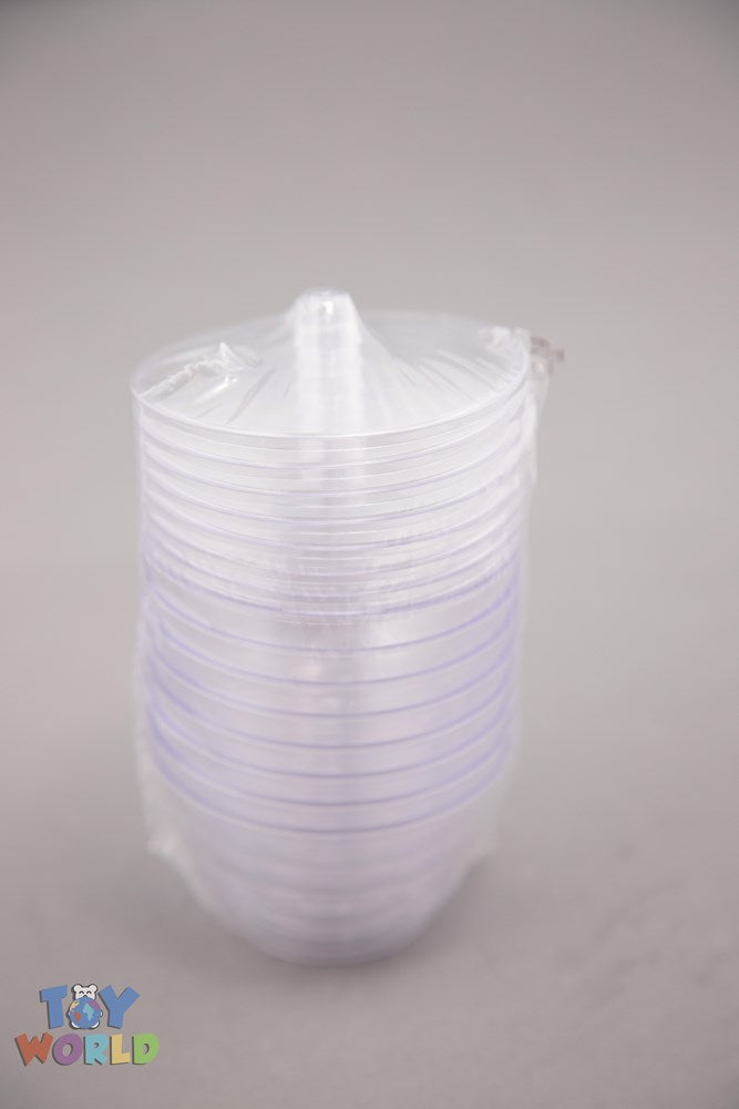 Stack of clear plastic 3 x 2.5 inch dessert bowls with matching lids.