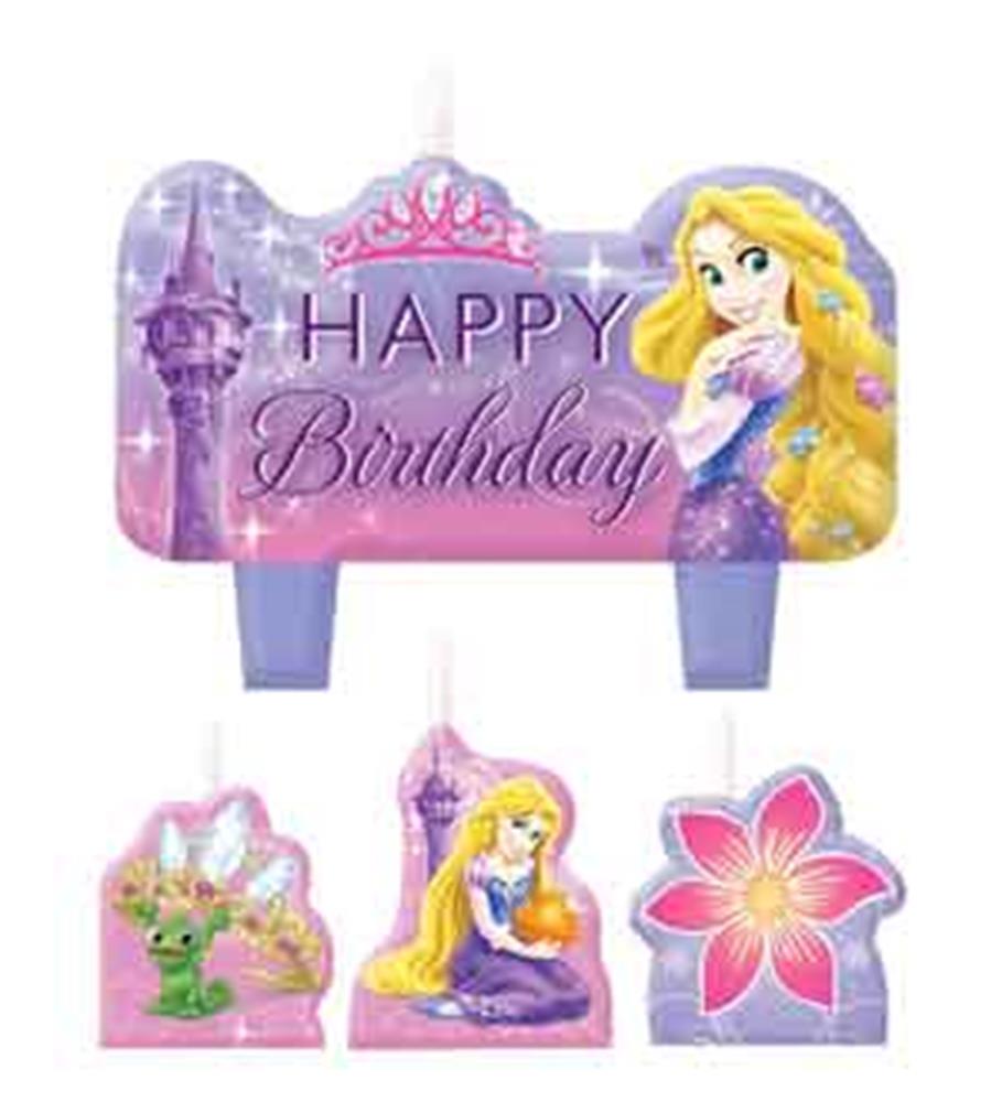 Purple Rapunzel themed birthday cake candle with castle, princess, Pascal, and flower designs.