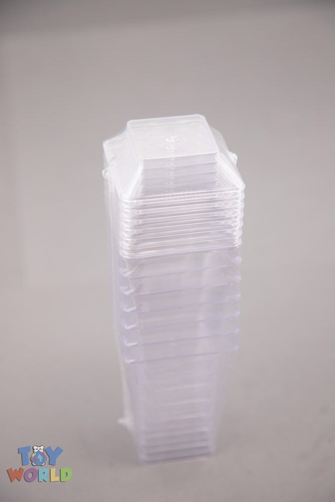 Stack of clear tall square dessert cups with matching lids, made of translucent plastic.