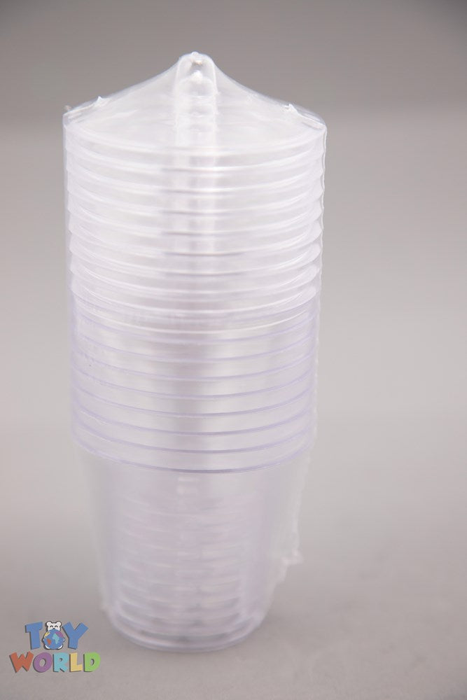 Stack of clear plastic dessert cups with matching clear lids, cylindrical shape, 2.5 x 2.75 inches.